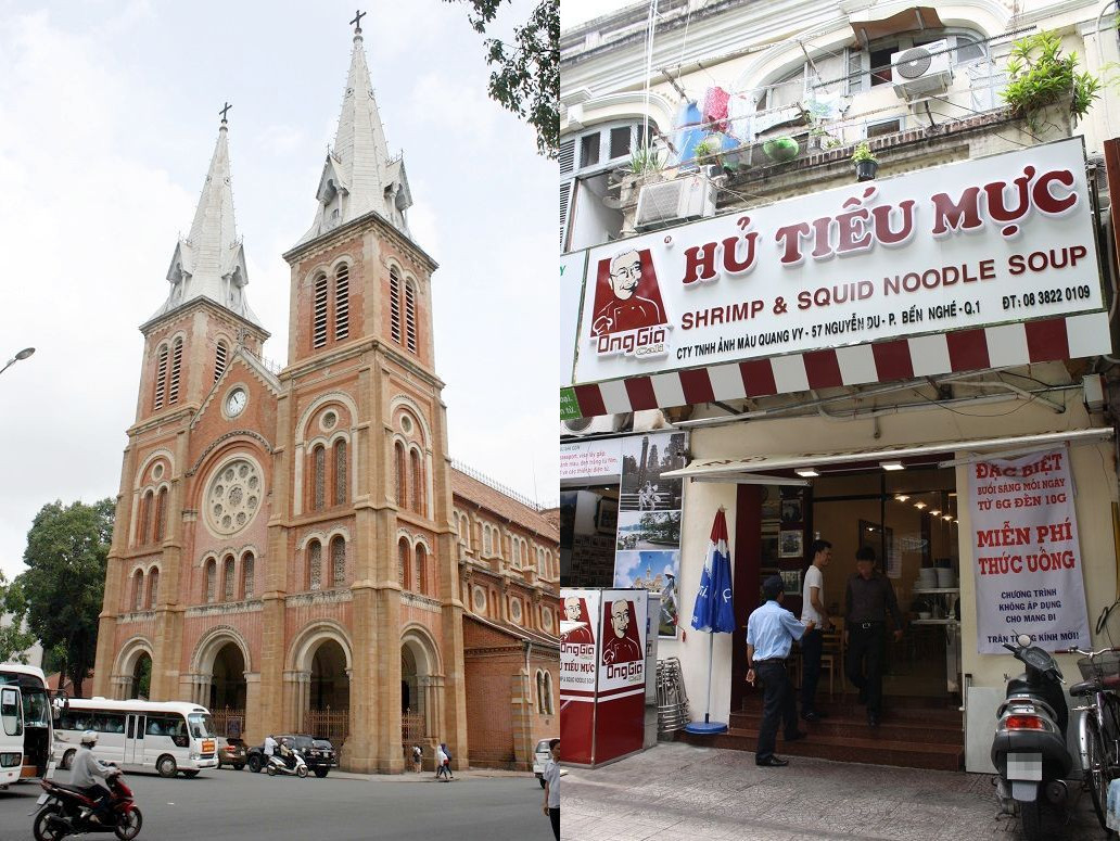 「HU TIEU MUC Ong Gia Cali」の外観とサイゴン大教会
